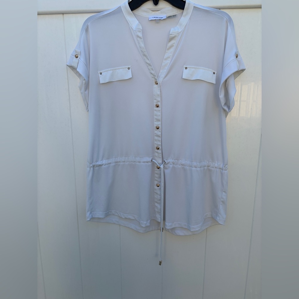 Calvin Klein Women's White V-Neck Blouse Size S
